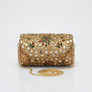 Traditional Indian Ethnic Wedding Designer Golden Clutch <b>Bag</b> with Mirror Work and Stones Handcrafted Women Evening Party Purse - Product Image 1