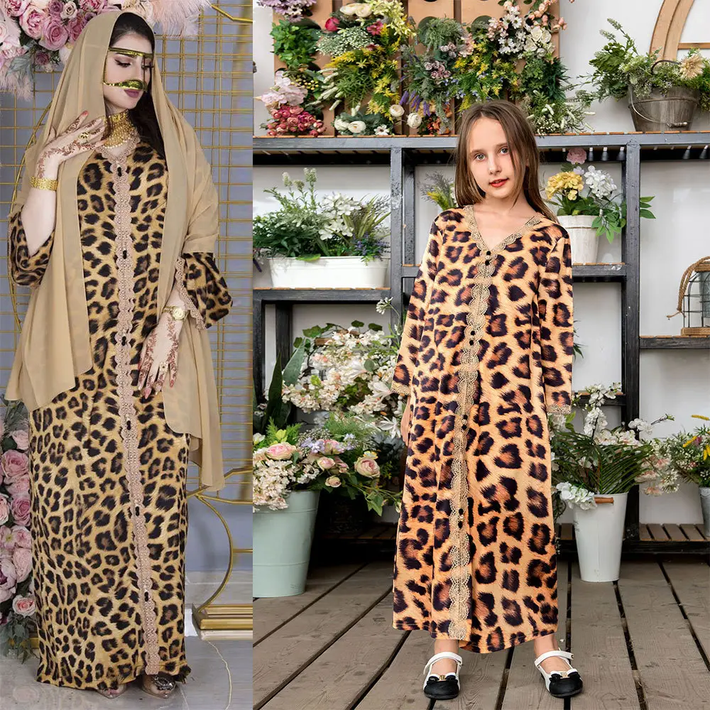 Fashion Saudi Arabian women's robe leopard printed long loose Muslim dress clothing for ladies