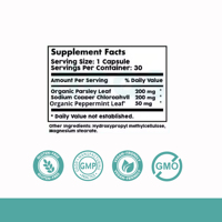 Complément de chlorophylle OEM - Chlorophylline de sodium-cuivre, Persil et Menthe poivrée, 30 capsules, Étiquette personnalisée