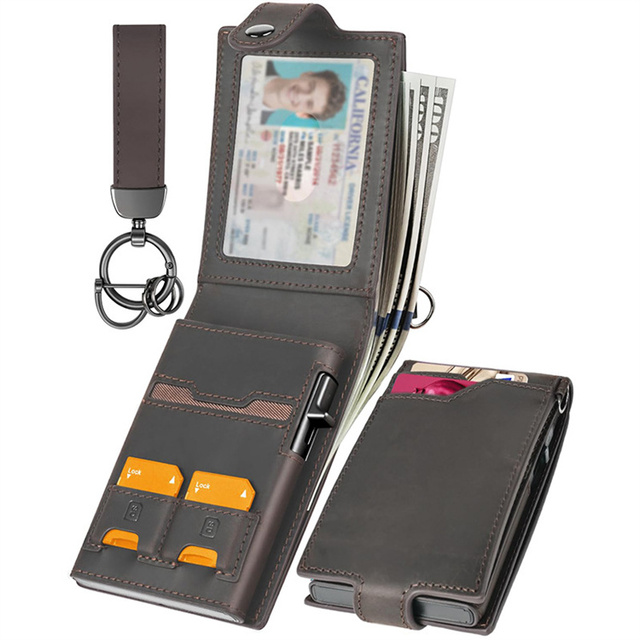 Luxury Genuine Leather Pop up Card Holder RFID Protected Smart Wallet with Matching Keychain Set