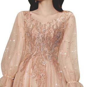 Women's Evening Gown Champagne Color Long Sleeve A-Line Chiffon Elegant Dress For Banquet Grand Annual Meeting - Product Image 5