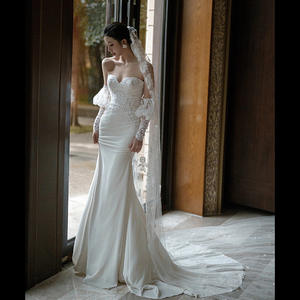 Drop Shipping 2025 Nouveau modèle Satin de sirène Robe de mariée de voyage à la française pour femmes Élégant Rétro Robe de mariée principale sans bretelles Voiles de mariée - Product Image 6