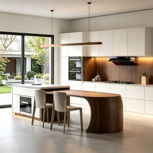 Muebles de Villa Minimalistas Modernos Estilo <span class=keywords><strong>Bauhaus</strong></span>, Gabinetes de <span class=keywords><strong>Cocina</strong></span> de Madera Ecológica con Cierre Suave, Resistentes al Fuego, en Contrachapado Blanco y Amarillo - Product Image 2
