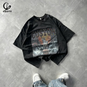 T-shirt Homme Personnalisé en Coton Épais Délavé à l'Acide, Coupe Oversize, avec Motif Strass, Style Vintage, Épaules Tombantes, Hip Hop Streetwear - Product Image 2