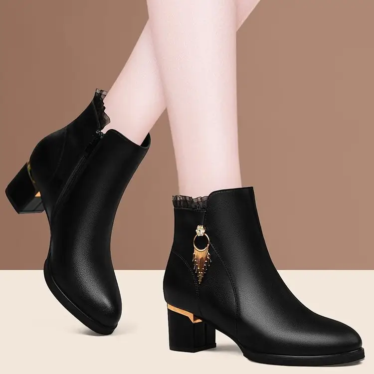 trending middle heel with velvet warm high heels boots 2022 Martens thick heel rhinestone pure leather ankle boots for women