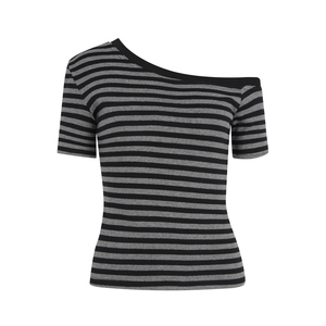 Maglietta a righe bianche e nere manica corta <span class=keywords><strong>monospalla</strong></span> 4 colori estate maglietta a righe Slim Fit da donna - Product Image 5