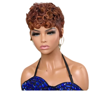 Perruque de cheveux humains vierges brésiliens Remy brun rougeâtre 30 # sans colle aucune dentelle avant mode bouclés <span class=keywords><strong>Bob</strong></span> court avec frange - Product Image 1