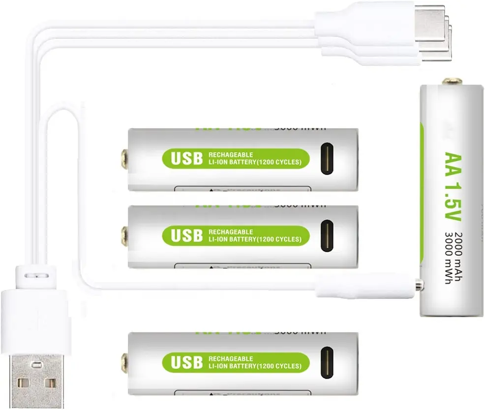 Batterie ricaricabili USB 1.5V 1100mwh 3000mwh 2000mah batterie agli ioni di litio AA AAA USB tipo C batteria