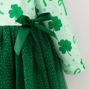 Pronto per la Spedizione, Disponibile in Magazzino: Abito da Festa per Bambine con Stampa Trifoglio di San Patrizio, Lunghezza al Ginocchio, Linea ad A, Verde in <span class=keywords><strong>Tulle</strong></span>, Maniche Lunghe - Product Image 4