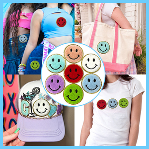 Venta al por mayor de 54mm de diámetro. Diy dibujos animados sonrisa cara parche brillo Chenille hierro en parches bordados para ropa sombreros bolsas - Product Image 2