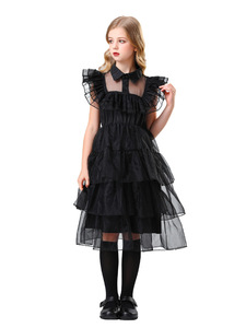 Vestido Gótico Oscuro de Princesa para Niñas con Falda Escalonada y Cuello de Tul, <span class=keywords><strong>Disfraz</strong></span> <span class=keywords><strong>Infantil</strong></span> para Halloween y Fiestas Temáticas - Product Image 2