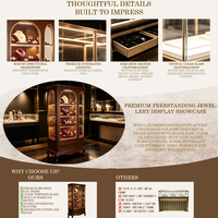 Vitrine de luxe vintage en bois pour bijoux, avec armoire de présentation en verre cintrée, éclairage LED et tiroirs de rangement pour l'affichage de bijoux en magasin.