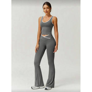 Conjunto de Yoga Bi Cross Flare Sólido Negro con Leggings de Cintura Alta y Ribete Blanco, Elástico en Cuatro Direcciones, Sin Costuras, Deportivo, para Mujer - Product Image 4