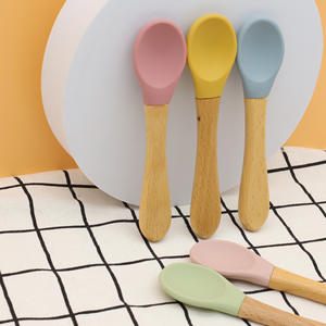 实心硅胶木柄餐具 婴儿训练喂食勺 儿童和幼儿儿童餐饮用品 - Product Image 2