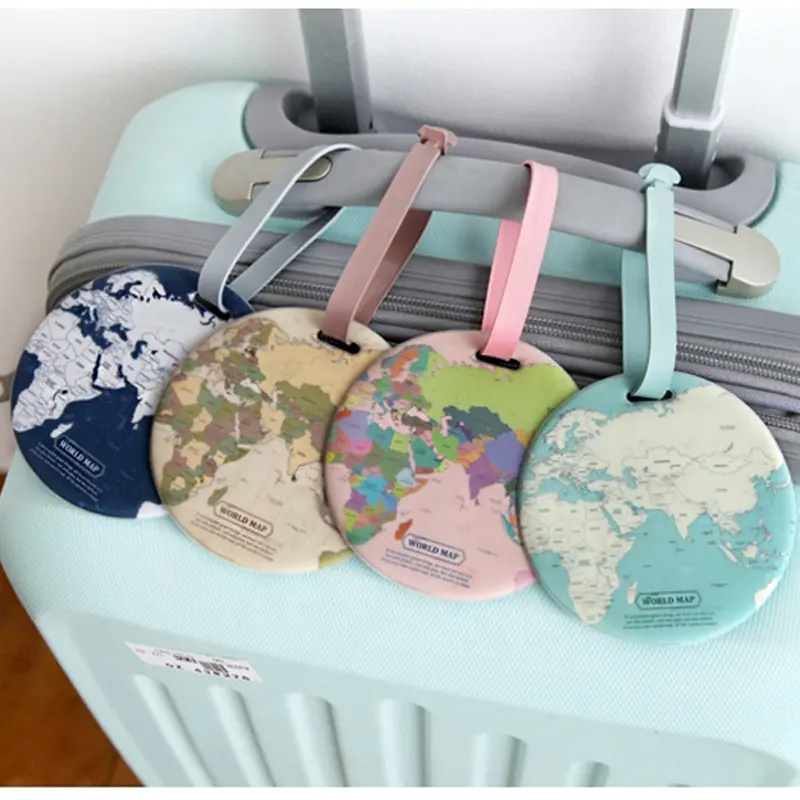 Étiquettes de bagages d'avion en PVC, pièces, carte du monde en forme ronde, impression personnalisée
