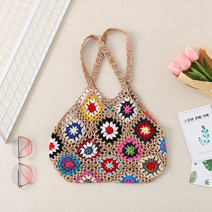 Floral Granny Square <span class=keywords><strong>Crochet</strong></span> Tote Bag Été À La Mode Raphia Tricoté À La Main Sacs À Bandoulière pour L'hiver Printemps Et Automne - Product Image 3