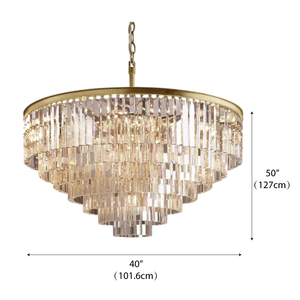 Lustre Moderne Art Déco Style Glamour Finition Dorée à Plusieurs Niveaux Prismes Rectangulaires en Cristal Grand Lustre Rond Odeon - Product Image 5