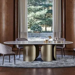 豪華なデザインステンレス鋼テーブル脚modrestダイニングルーム家具ターンテーブルダイニングテーブル大理石ブラッシュドブラスカラー