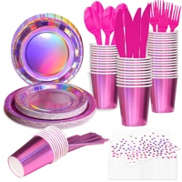Ensemble de vaisselle de fête universel en papier rouge rose vibrant pour les fêtes d'anniversaire sur le thème des sirènes et des discothèques