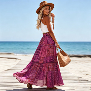 Women's Boho Maxi <b>Skirt</b> Tiered Ruffle Hem <b>Elastic</b> High <b>Waist</b> Patchwork Print Floor Length Summer <b>Skirt</b> - Product Image 4