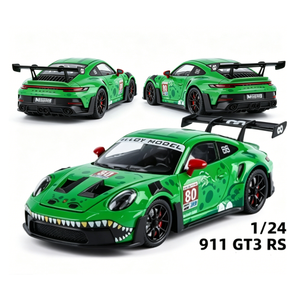 Coche de juguete de metal fundido a presión Porsche 911 GT3 Tiranosaurio 1:24 con sonido y luz, puertas que se abren, modelo de aleación coleccionable decorativo - Product Image 1