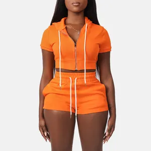 Women's Two Piece Custom Logo Hoodie Short Set Women Zip Up Hooded Crop Top Hoodie Sweatshirt And Sweat Shorts