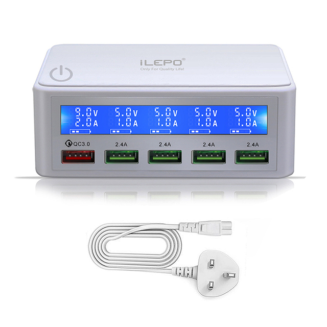 Best Sell CE FCC ROHS OEM 50W 5V~2.4A QC3.0 Fast Charger with LCD Display 4-Port USB Charger Station Fast Charger