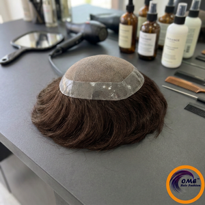 Prothèse capillaire indienne OME en cheveux humains non-Remy pour hommes, base mono, monofilament, contour transparent, mèches noires, franges et cheveux de bébé - Product Image 1
