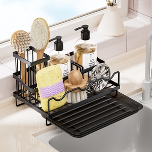 Porte-éponge auto-drainant Caddy d'évier de cuisine Organisateur de rangement d'évier <span class=keywords><strong>noir</strong></span> avec plateau d'égouttement amovible - Product Image 4