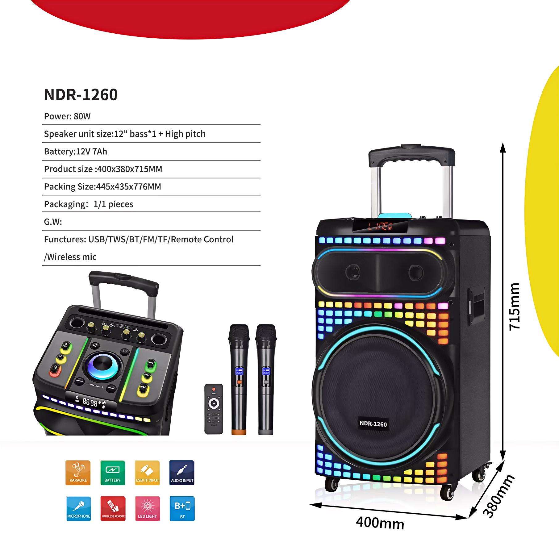 NDR-1260 Portable 12-Inch 60W Speaker Bluetooth Outdoor Audio