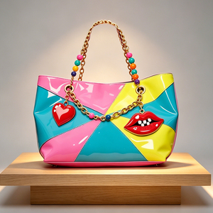 Women Color Block Patent PU Leather Tote <b>Bag</b> Chain Beaded Handle Large Capacity Shoulder Handbag Fashion <b>Patchwork</b> Daily <b>Bag</b> - Product Image 6