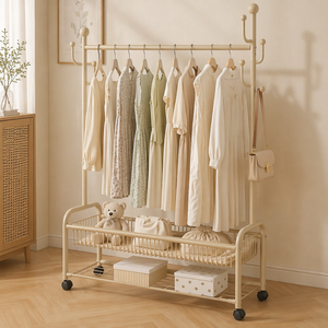 Porte-vêtements double en métal 150 cm avec base en plastique, anti-rouille, gain de place, moderne, pour salon, manteaux, vêtements, chapeaux et sacs - Product Image 1
