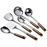 Ustensiles de cuisine en acier inoxydable avec manche en bois : spatule pour wok, louche à soupe, écumoire – Vente en gros