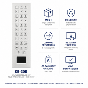 คีย์บอร์ดแบบสัมผัส KB-30B รุ่นสั่งทำพิเศษ กันน้ำมาตรฐาน IP65 ผลิตจากสแตนเลสสตีลสำหรับอุตสาหกรรม 32 ปุ่ม ติดตั้งบนแผงควบคุม รองรับ USB/<span class=keywords><strong>PS2</strong></span> สำหรับอุปกรณ์ทางการแพทย์ - Product Image 1