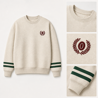 Sweat-shirt à col rond personnalisé en ivoire brodé avec des rayures vertes sur les manches, OEM, pull unisexe