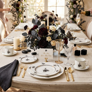 <span class=keywords><strong>Service</strong></span> de table de luxe en <span class=keywords><strong>porcelaine</strong></span> fine noire à motif floral, assiettes de présentation vintage en céramique, tasses à café et bols en <span class=keywords><strong>porcelaine</strong></span> pour événements hôteliers - Product Image 2