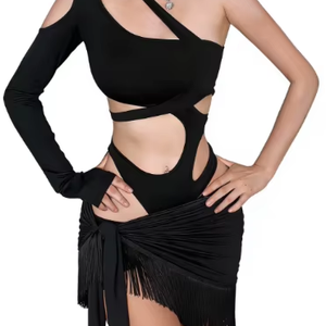 Top de danse latine noir à vendre, avec jupe une pièce, style manche asymétrique, costume de danse Bachata Jazz Salsa Chacha pour femmes - Product Image 1