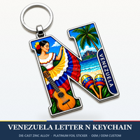 Porte-clés Souvenir du Venezuela en forme de lettre N personnalisé en usine, avec breloques Joropo Dancer et Cuatr en émail, pour la vente en gros aux boutiques de cadeaux