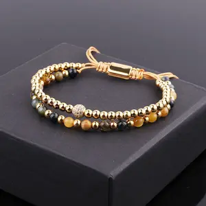 High Quality Gemstone 4mm Tiger Eye Stainless Steel Gold Beads Double Strand Macrame Bracelet JBS12267