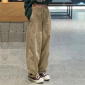 Vintage Cargo Pants Women Khaki Wide Leg Pants Unisex Harajuku Baggy Sweatpants Hip Hop <b>Trousers</b> <b>Drawstring</b> Streetwear Pantalon - Product Image 1