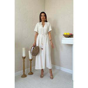 Vestido Sencillo de Lino Beige con Cuello Redondo, Corte Holgado, Cintura Natural, Tejido Transpirable, para Uso Diario Informal - Product Image 5