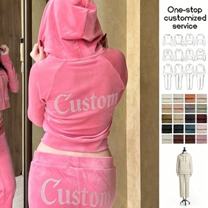 Completo da jogging da donna personalizzato ODM in velluto con strass, top lungo e pantaloni, tuta casual due pezzi per primavera autunno - Product Image 1