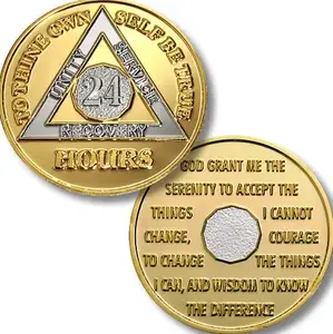 Premium Quality Custom 24 Hours AA Medallion Chip 1.5 Inch Gold and Nickel Plated Sobriety Coin