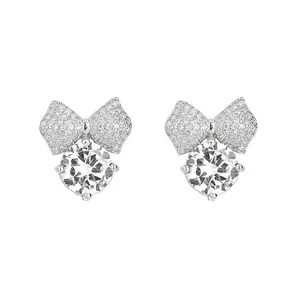 Women Fashion Brand Bowknot Shape Stud Earrings Luxury Big CZ Rhinestone S925 Sterling Silver plated Stud Earrings Trending