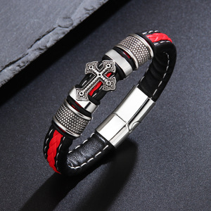 Cross <b>Leather</b> <b>Bracelet</b> Black Red Magnetic Clasp Men's Jewelry Gift Fashion Wrap <b>Bracelet</b> - Product Image 1