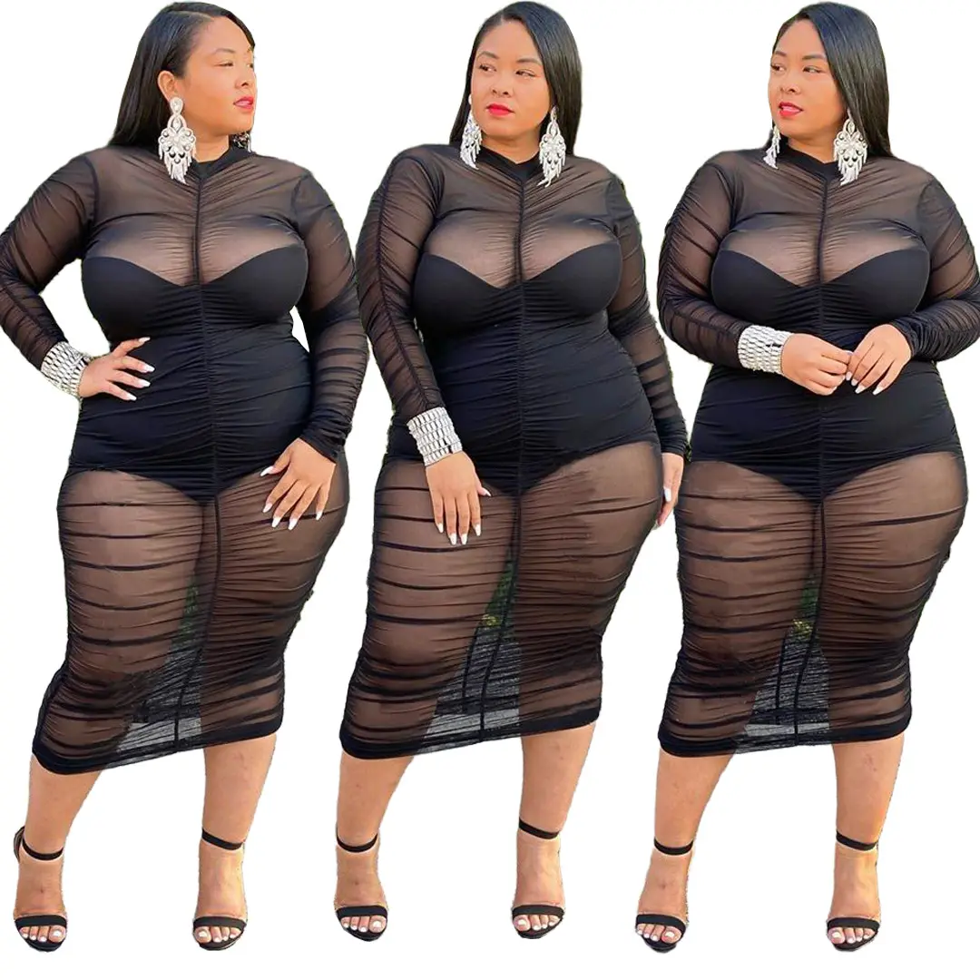 2021 New Hot Selling Large Size Women's 2 Piece Set Clothing 5xl See Through Mesh Pleated Sexy Plus Size Women Dress