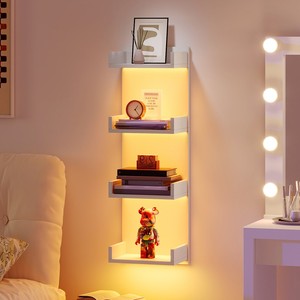 Modern <strong>Floating</strong> Wall <strong>Shelves</strong> with LED Light, White 4 Tier <strong>Floating</strong> <strong>Shelf</strong> Wall Mounted for Storage, <strong>Black</strong> Vertical Display Stand - Product Image 5