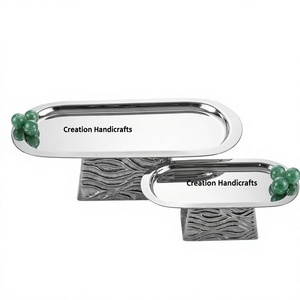 Handcrafted Metal Oval Platter Set Green Bead Handles Luxury Silver Serving Tray Pedestal Risers Buffet Food Server Decor - Product Image 1