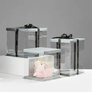 定制全尺寸3入1方形透明礼品盒塑料豪华婚礼蛋糕盒蛋糕纸饼盒