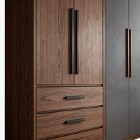 Armoire moderne avec tiroirs et portes multiples en bois de noyer pour chambre à coucher, idéale pour projets personnalisés